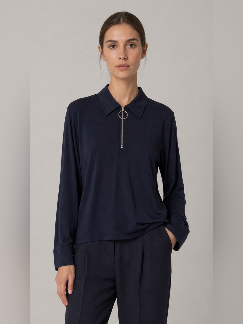 RIANI Navy Zip Long Sleeve Polo